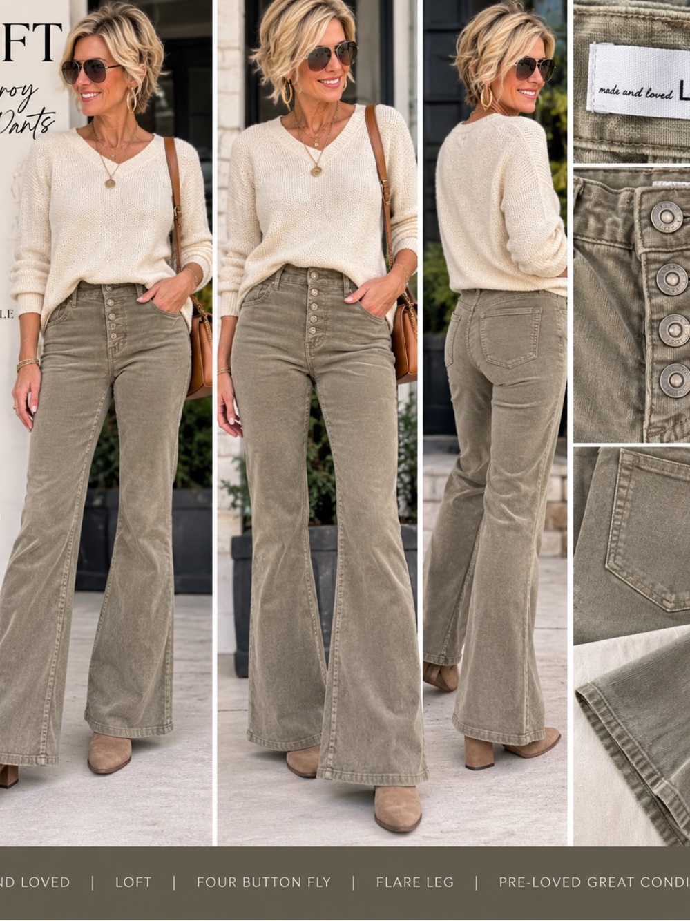 LOFT Olive Button-Fly Flare Corduroy Pants